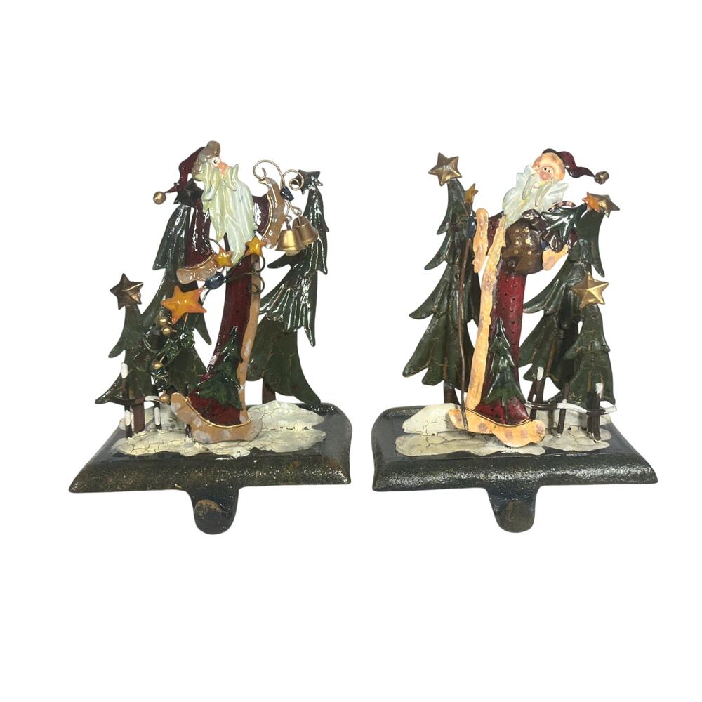 Ganz Santa Christmas Tree Bells Stars Metal Sculpture Stocking Holders-Set of 2